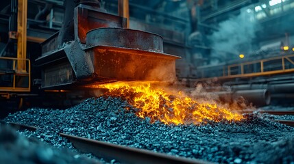 Poster - a photograph of a large dark metallic furnace with glowing intense flames and sparks emitting from t