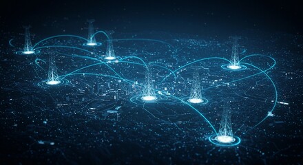 an abstract city map with glowing towers connected by lines, symbolizing communication networks and 