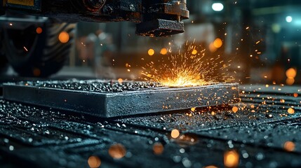 Poster - intense sparks erupt as molten metal rapidly cools within industrial manufacturing molds a process c