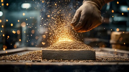 Poster - Close up view of a skilled metalworker pouring hot molten metal into a sand mold during the industrial casting process creating a shower of sparks and intense heat