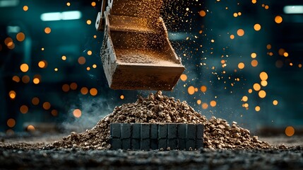 Poster - Closeup view of molten metal being poured from a ladle into a sand mold creating sparks and a glowing textured surface as part of an industrial casting process