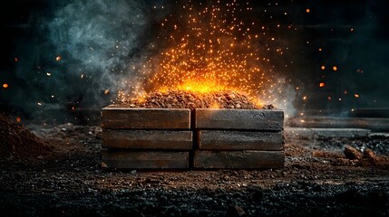 Poster - Photograph of hot glowing steel blocks being cast in an industrial foundry with steam and sparks filling the dark nighttime scene