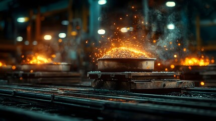 Poster - intense light illuminates the glowing crucibles and casting molds in an active metalworking factory 