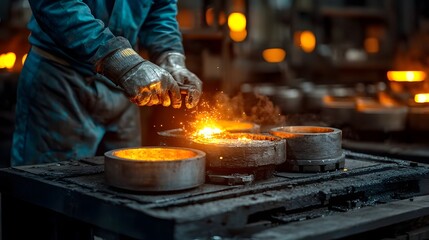 Poster - A photograph of a metalworking workshop with glowing crucibles and casting molds being heated under intense light showcasing the industrial process of casting and metalworking