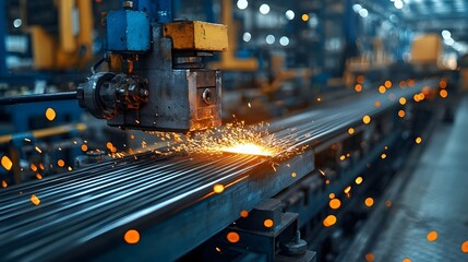 Poster - mechanical rollers at work flattening hot glowing steel rods in a dimly lit blurred industrial facto