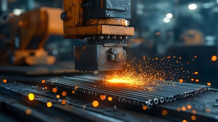 Poster - a close up view of industrial with rollers flattening hot glowing steel rods creating a shower of sp