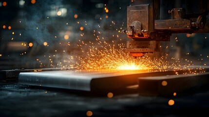 Poster - A nighttime view of a metalworking plant where a glowing red steel sheet is rolling through powerful industrial equipment with sparks and heat radiating from the workshop