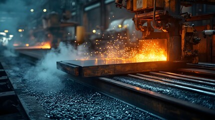Poster - a photograph showcasing the intense heat and involved in the industrial rolling process of hot steel