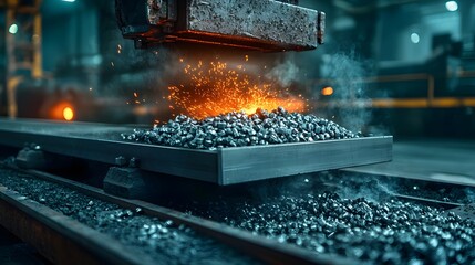 Poster - close up view of industrial rollers forcefully pressing and shaping molten glowing iron with sharp h