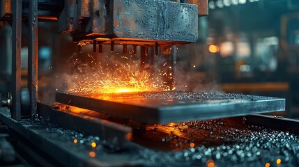 Poster - Close up view of industrial rollers forcefully pressing and transforming glowing hot iron capturing the intense energy and process of metalworking with striking detail and a dark dramatic background