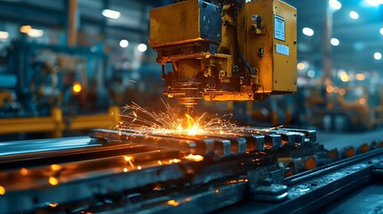 Poster - blurred image of high speed rolling line with glowing strips of molten steel and bright sparks showc