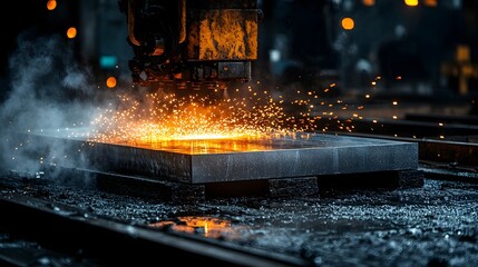 Poster - An industrial scene showing hot steel slabs being rapidly cooled by powerful water jets creating a dramatic display of steam mist and vibrant orange sparks in the nighttime environment
