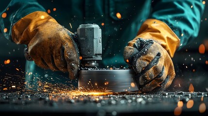 Poster - close up view of a worker using a grinding wheel to smooth and polish a metal surface creating a glo