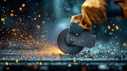 Poster - Close up view of a grinding wheel smoothing a metal surface creating a shower of glowing orange sparks