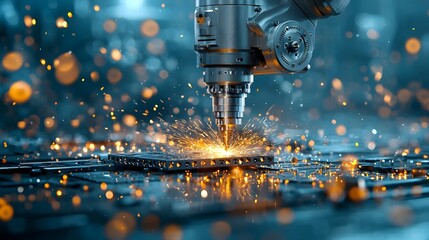 Poster - close up view of a robotic arm precisely grinding and sparking a metal component on an automated pro