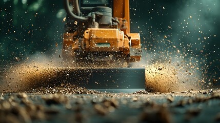 Poster - a powerful industrial surface grinder smoothing and polishing a large metal steel sheet creating a f