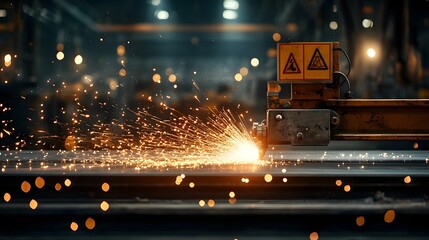 Poster - a dynamic scene of a grinding workstation in a steel factory surrounded by bright industrial safety 
