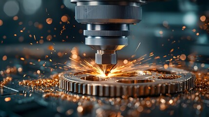 Poster - a close up view of a metalworking precisely grinding and shaping a metal gear creating sparks and a 