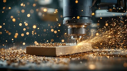 Poster - a close up view of an industrial grinder sharpening a metal tool bit with sparks and bright lights v