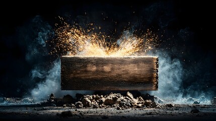 Poster - Intense sparks bursting off a rugged steel beam as a worker grinds it down in an industrial workshop setting