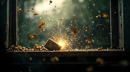 Poster - Powerful sparks fly off a steel beam during hand grinding in an industrial workshop casting dramatic shadows and creating an intense high energy scene