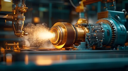 Poster - closeup view of an industrial grinding in progress on large turbine blades with sparks and in the ba