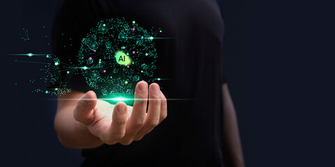 Fototapete - A hand showing generative ai, artificial intelligence technology, cyber security, digital transformation, finance, large language model, LLM	