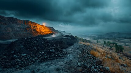 Poster - a vast open pit coal mine carved into the mountainous terrain with ominous dark clouds looming overh