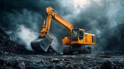 Poster - A massive yellow excavator digging into the earth surrounded by dark clouds and a moody gritty industrial landscape in an open pit mining
