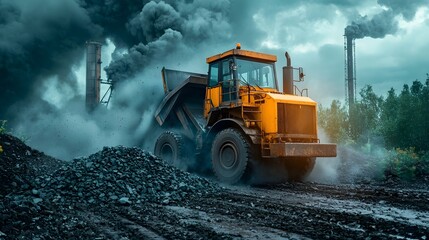 Poster - a massive orange colored dump truck actively crushing and transporting coal in a rugged open pit min