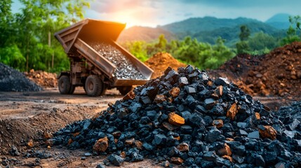 Poster - A large coal crushing operating on a pile of extracted coal at an open pit mining site surrounded by mountainous terrain