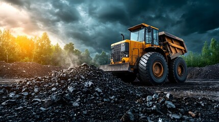 Poster - A powerful and imposing orange dump truck navigates through a rocky debris filled quarry site amidst a turbulent cloudy sky with rays of sunlight breaking through