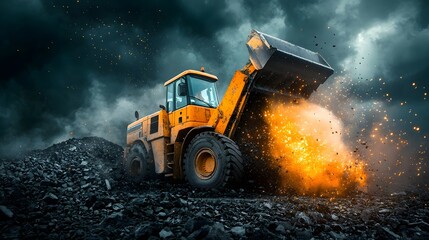 Poster - a large powerful orange loader expelling a cloud of dust and debris as it dumps a load of coal into 