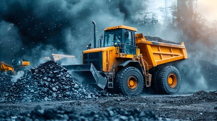 Poster - an orange industrial dump truck loading and dumping coal into a large storage yard surrounded by a s