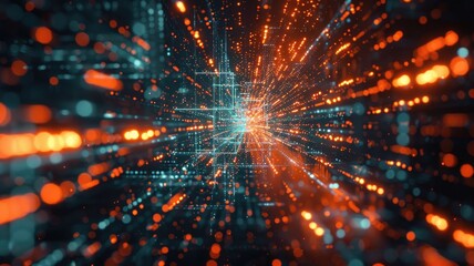 Poster - Abstract picture colorful light particle with digital technology style design connecting become dynamic of electric wave movement represent about flowing of data or structure of network system. AIG53.