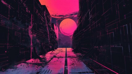 Poster - Surreal cityscape with a pink sunset and reflective water. Digital artwork silhouette of cityscape in sunset with vibrant color. Futuristic and dreamlike concept for design and print. Neon. AIG53.