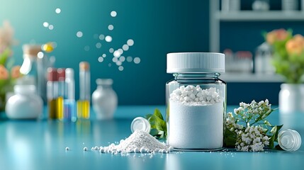 Poster - A close up view of a glass container filled with powdered samarium oxide a rare earth mineral placed on a tidy and organized laboratory workbench