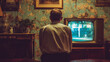 © ABF_MATEO - Man watches vintage television in a room with floral wallpaper. Classic furniture and decor create a nostalgic scene.