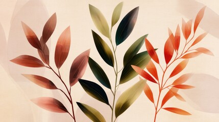 Poster - Abstract illustration of colorful leaves in soft hues against a light background, evoking nature