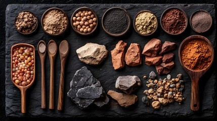 Poster - A diverse arrangement of rocks minerals and powdered rare earth elements on a dark background providing a visual study of the natural resources found in the earth