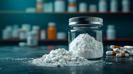 Poster - Closeup view of a glass jar filled with powdery gadolinium compound on a lab table surrounded by various scientific equipment and bottles
