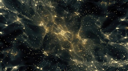 Poster - Elegant picture of gold light sparkling particles scattered across a deep black background, create an abstract bokeh effect perfect for designs that aim to evoke a sense of luxury and elegance. AIG53.