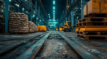 Poster - a vast dimly lit industrial warehouse interior with rows of conveyor belts stacked bags and pallets 