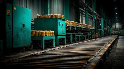 Poster - A photograph of the interior of an industrial processing plant featuring rows of conveyor belts shelving units and storage containers in a utilitarian dimly lit space