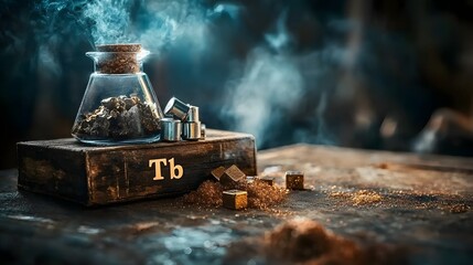 Poster - A close up of a terbium sample sitting on a periodic table chart with a glass vial containing the element surrounded by a misty atmospheric haze