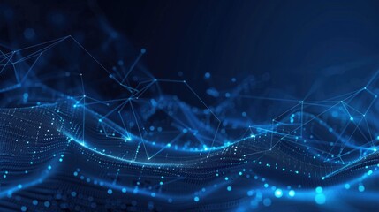 Poster - Abstract blue digital network background with lines and nodes. Background image of glowing digital wave waving and flowing at blue background. Network. Technology and data visualization design. AIG55.
