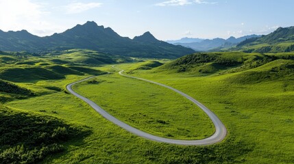 Poster - A long road winds through a grassy field with mountains in the background