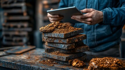 Poster - Close up view of an industrial worker using a digital tablet to document and analyze a stack of high grade metal materials in a workshop setting
