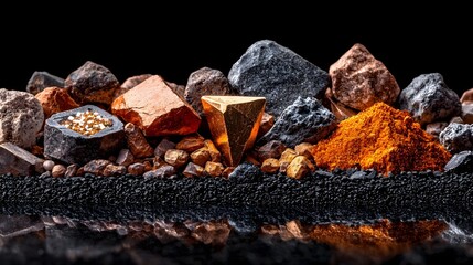 Poster - Closeup of various rare earth metals including the silvery gray dysprosium arranged on a reflective black table or surface