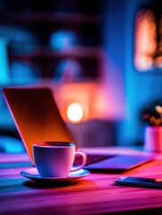 Poster - A cozy workspace featuring a laptop and coffee cup, illuminated by colorful ambient lighting